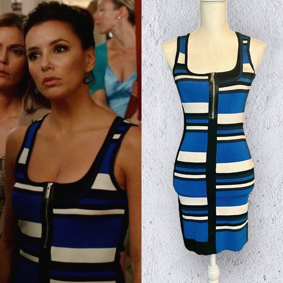 Karen Millen Blue Colorblock Striped Knit Bandage Style Bodycon Dress Size 1 XS - Picture 1 of 16